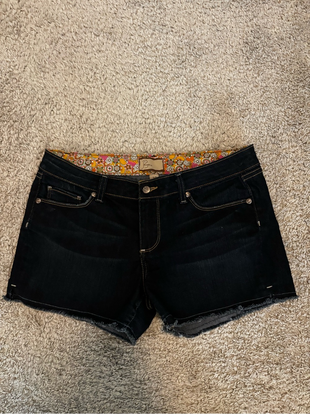 PAIGE Black Denim Shorts with Floral Waist Trim